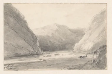 Berglandschap met rivier en een figuur met twee bepakte ezels