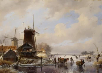 Een houtzaagmolen aan een bevroren vaart, op de voorgrond zijn mannen bezig een ingespannen slede te laden