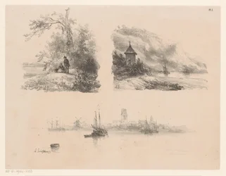 Figuren in een bos, een rivier langs bergachtige kust en boten op het water