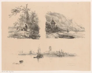 Figuren in een bos, een rivier langs bergachtige kust en boten op het water