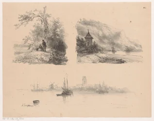 Figuren in een bos, een rivier langs bergachtige kust en boten op het water