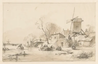 Winterlandschap met rechts een molen en enkele huisjes op een dijk