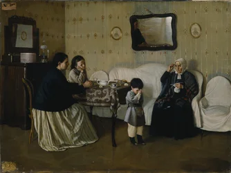 Een familiebijeenkomst. Leer een kind bidden, 1871