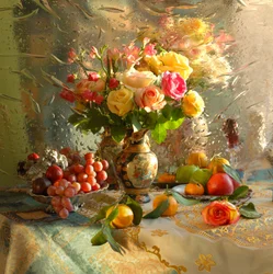 Zonovergoten bloemen en fruit – de oogst