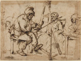 Een kunstenaar gezeten bij zijn schildersezel [recto], mogelijk ca.1634 (pen en inkt)