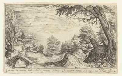 Landschap met een hert op een brug
