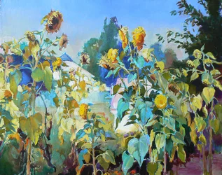 Gouden zomerse zonnebloemen
