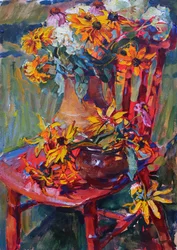 Gele bloemen, rode stoel