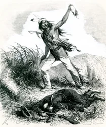 Indiaan die de Dode Vijand Scalpeert, 1867