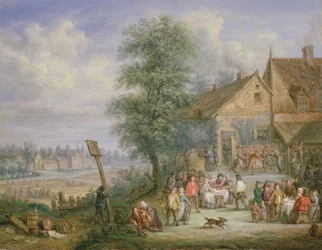 Een Feest tijdens de Oogsttijd met het Huis van Drij Toren op de Achtergrond