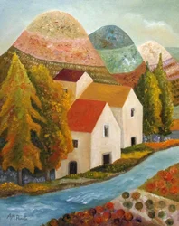 Herfstdorp aan de rivier