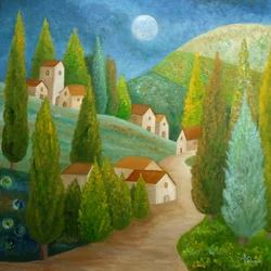 Een Toscaans dorpje bij maanlicht