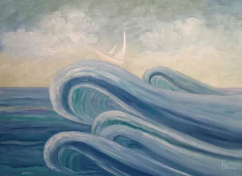 Zeilen op blauwe golven