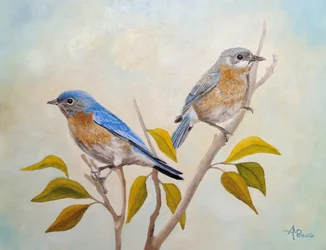 Twee blauwe vogels zaten op een tak