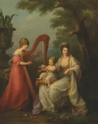 Portret van Lady Elizabeth Smith-Stanley, gravin van Derby, met haar zoontje Edward, de latere 13e graaf van Derby, en haar halfzus, Lady Augusta Campbell, spelend op de harp