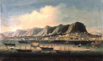Uitzicht op Hong Kong, met een gevangenisschip en een stoomboot in de haven