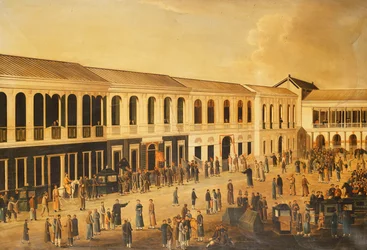 Een uitzicht op de Hongs aan de waterkant van Canton, ca. 1825