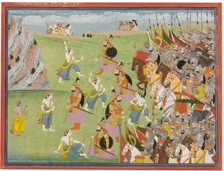 Een schilderij uit de Mahabharata: Balabhadra vecht tegen Jarasandha, Kangra of Garhwal, ca. 1810-20