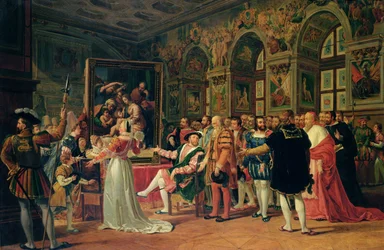 Francis I (1494-1547) ontvangt een schilderij van de Heilige Familie door Raphael