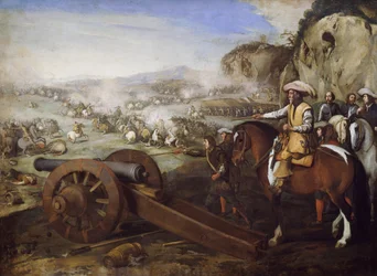 Kapitein te paard geeft bevel om kanon af te vuren tijdens de slag, schilderij door Aniello Falcone