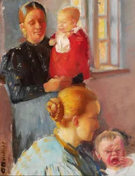 Twee jonge moeders met hun kleine kinderen. Studie voor 