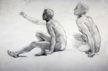 Twee studies van een zittende mannelijke naakt, ca. 1864-1930