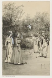 Mannen en vrouwen spelen croquet