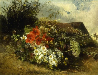 Wilde bloemen op een oever, met een huisje in de verte