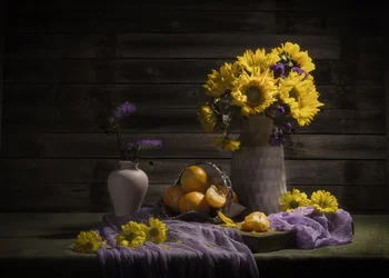 Sfeervolle zonnebloemen en mandarijnen