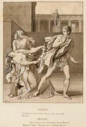 Phaedra, die haar passie heeft verklaard, probeert zichzelf te doden met het zwaard van Hippolytus