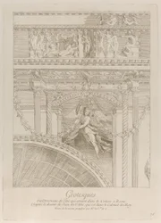 Griezels: (detail) van de stucwerkreliëfs die het Colosseum in Rome versieren, met een vleugel..., ca. 1729