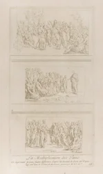 Drie afzonderlijke studies voor de wonderen van de broden, met Christus staand in d..., ca. 1729-40