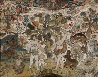 Een borduurwerk afbeelding van Adam en Eva