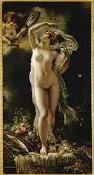 Danae, kijkt naar zichzelf in een spiegel vastgehouden door Cupido (olieverf op doek)