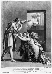 Andromache aan de voeten van Pyrrhus, illustratie uit akte III, scène 7 van „Andromaque“ van Jean Racine (1639-99), gegraveerd door Henri Marais (geb. ca. 1768)