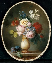 Een vaas met bloemen en twee pruimen op een marmeren tafelblad, 1781
