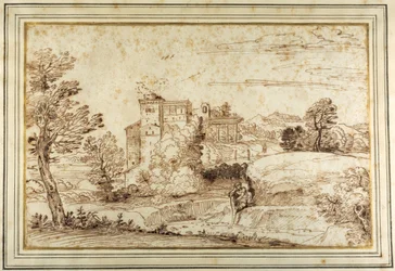Landschap met een kasteel en de ruïnes van een klassieke portiek