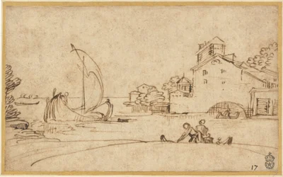 Landschap met figuren bij een riviermonding met zeilboten