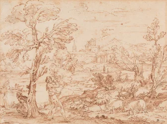 Landschap met herder en varkens,
16e-begin 17e eeuw (Pen en inkt op papier)