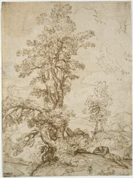 Landschap met slapende man onder boom (recto); Landschap met ruiter (verso)