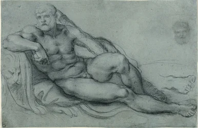 Studie van Hercules rustend, met afzonderlijke studies van zijn hoofd en voet (recto); Rechthoekig rasterontwerp (verso)
