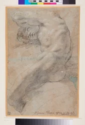 Studie van een naakte man, ca. 1560-1609 (zwart-wit krijt op blauw-grijs papier)
