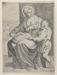 De Maagd zittend met een kussen op haar schoot en de jonge Christus staand rechts