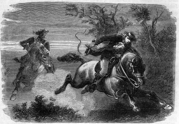 21 juni 1791 - Jean-Baptiste Drouet met zijn vriend Jean-Chrisosthome Guillaume op weg naar Varennes om sporen van koning Lodewijk XVI te vinden - Gravure in 