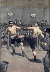 Een bokswedstrijd: overwinning van de Franse kampioen Joseph Charlemont (1839-1918) tegen Jerry Discroll met de techniek van 