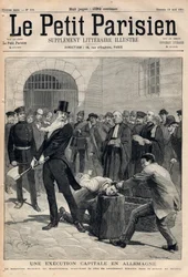Een executie in Duitsland. Beul Friedrich Reindel uit Maagdenburg, die het hoofd van de veroordeelde Klausin afhakt in de gevangenis van Berlijn. Gravure in 
