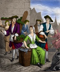 Een dame van de Halle tijdens het bewind van koning Lodewijk XVI, Gravure, Privécollectie