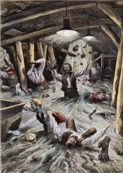 Een rivier overspoelt de Loetschberg-tunnel in Zwitserland tijdens de bouw. Gravure uit de krant "Le Petit Parisien", 9/08/1908. Privécollectie.