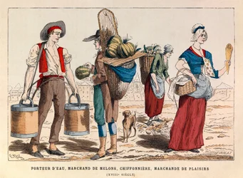 Een waterdrager, een meloenverkoper, een voddenman en een plezierverkoper in de 18e eeuw