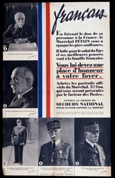 Reclameposter voor de verkoop van portretten van maarschalk Philippe Petain tijdens de Tweede Wereldoorlog en lofprijzing van Petain (verkocht ten behoeve van nationale hulp om armoede te bestrijden)